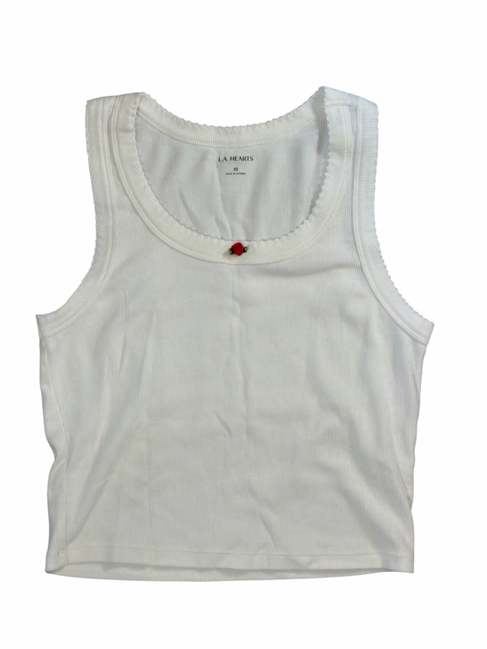La Hearts White Ribbed Tank with Small Red Rose